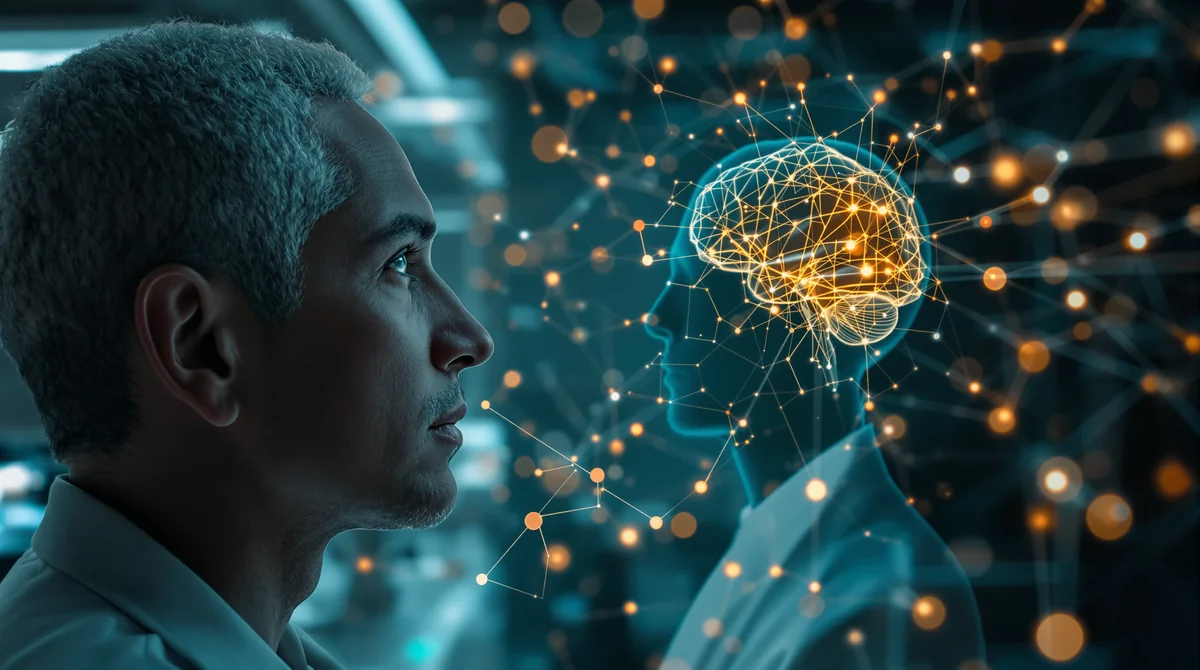 Editorial illustration representing Dihexa research, neuroplasticity, memory formation, cognitive function, synaptic communication, and brain health in a modern neuroscience research environment.