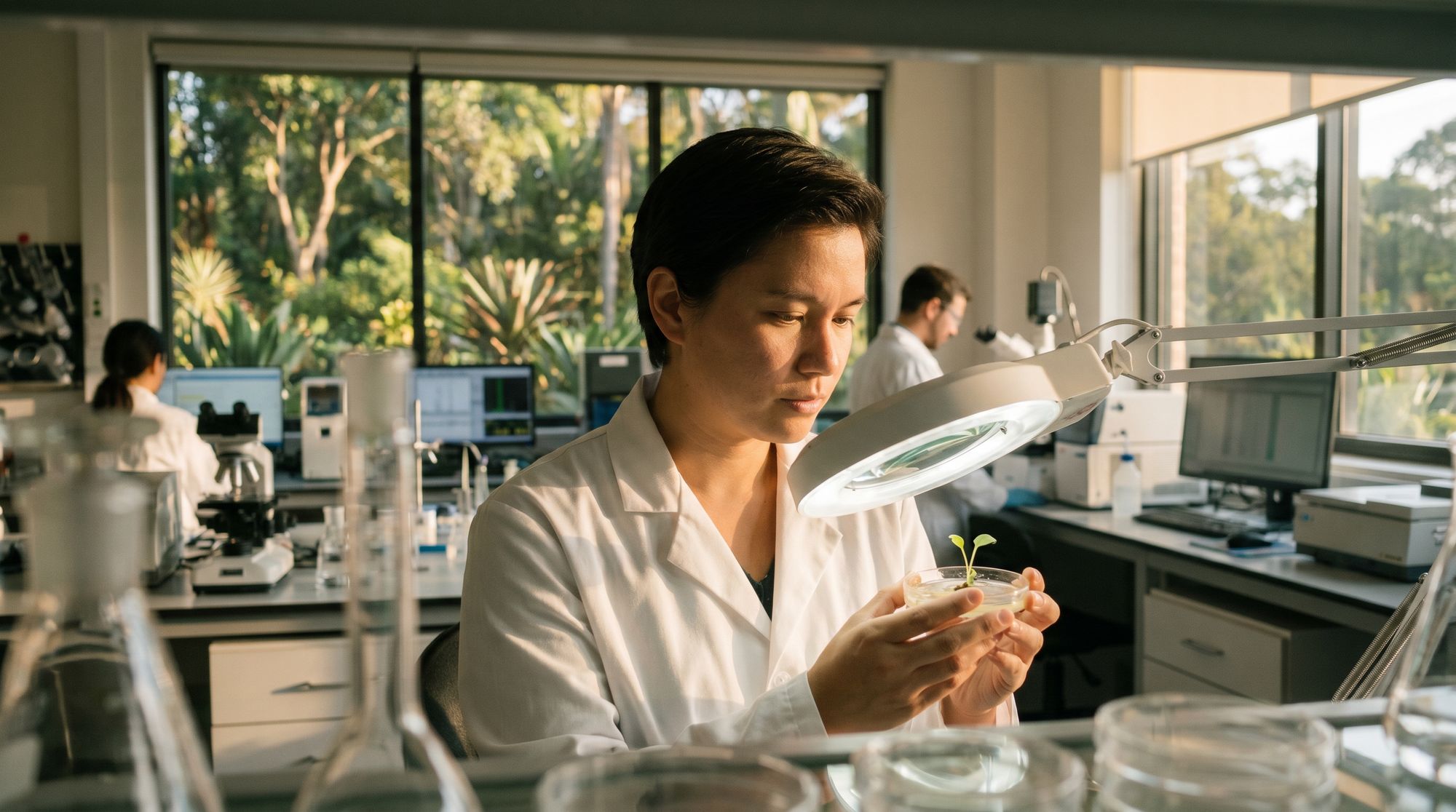 Female scientist in a white lab coat examines a small plant in a petri dish under a desk lamp in a bright lab environment outside greenery visible through the window.
