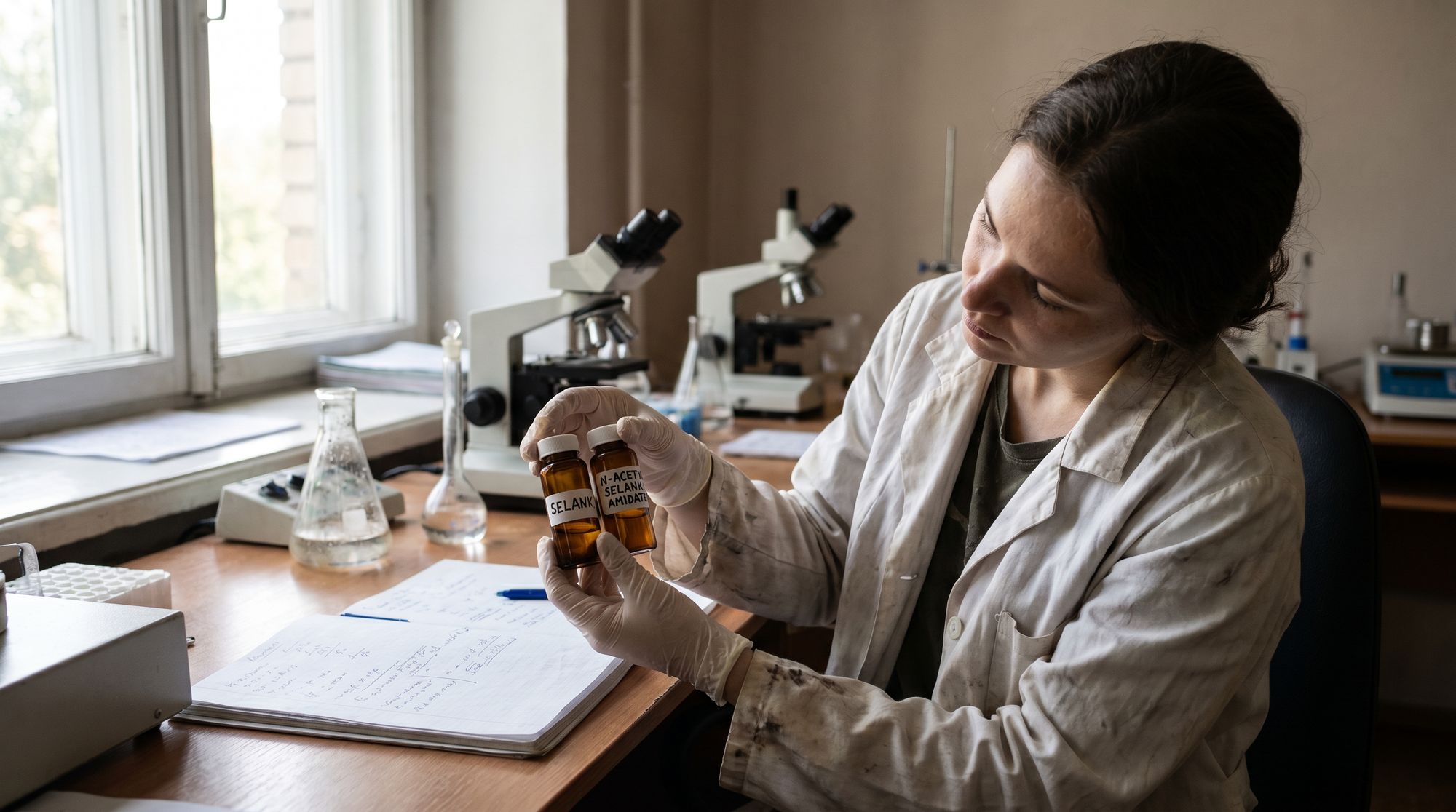 Scientist in a lab coat and gloves holds two amber bottles labeled Selank and N-Acetyl Selank Amide in a laboratory setting with microscopes nearby.
