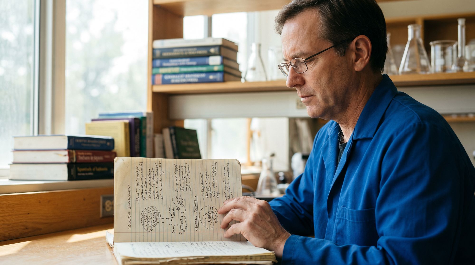 Man in a blue lab coat reads a handwritten notebook at a wooden desk in a study with books and glassware in the background to the left and shelves behind him.
