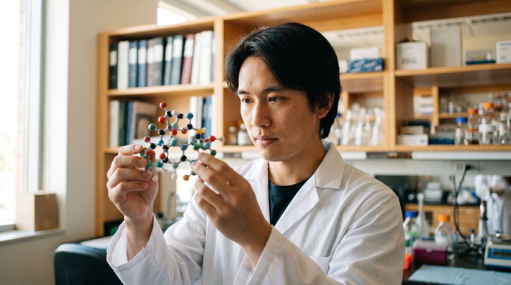 Scientist in a lab coat examines a colorful molecular model in a laboratory with shelves in the background.