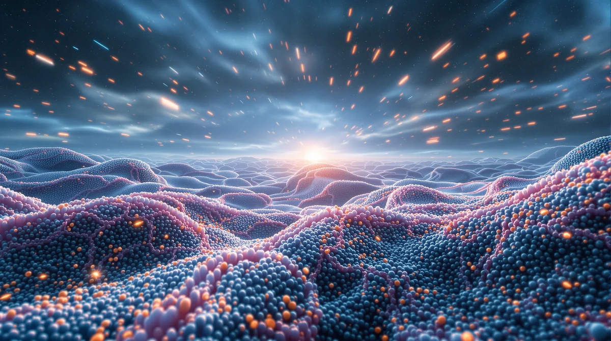 Editorial scientific illustration depicting regenerating skeletal muscle fibers forming an organized biological landscape that represents muscle repair, tissue regeneration, and Follistatin research.