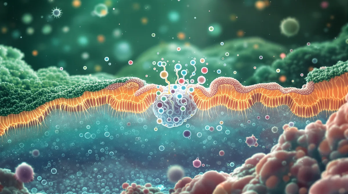Editorial scientific illustration of a living intestinal barrier showing healthy epithelial cells, balanced immune activity, and inflammation resolution within a microscopic biological ecosystem inspired by KPV peptide research.
