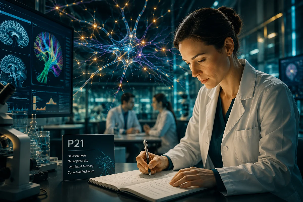Editorial illustration depicting P21 peptide research with a neuroscientist studying neurogenesis, neuroplasticity, memory formation, and cognitive resilience in a modern neuroscience laboratory.