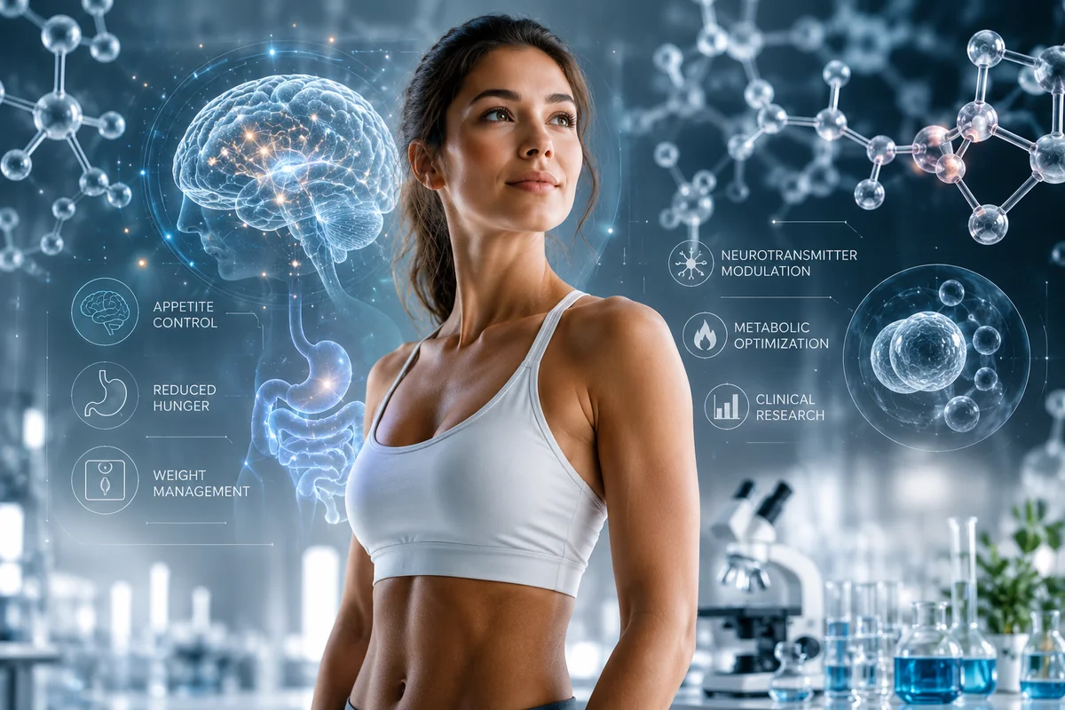 Fit woman in a white sports bra in a lab, surrounded by floating holographic diagrams of brain, digestive system, and metabolic research icons.