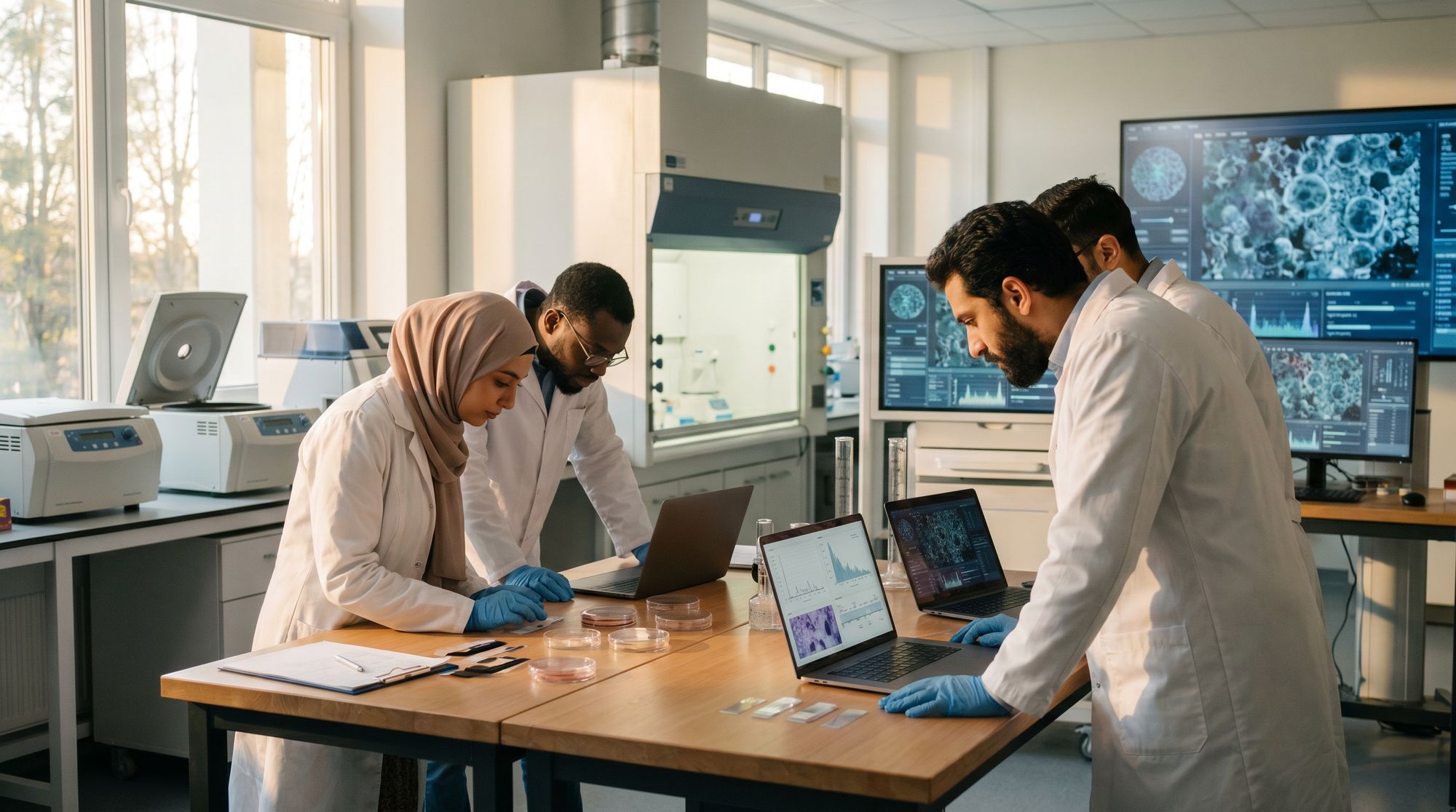 Four researchers in lab coats collaborate at a bench with laptops and petri dishes, analyzing data.