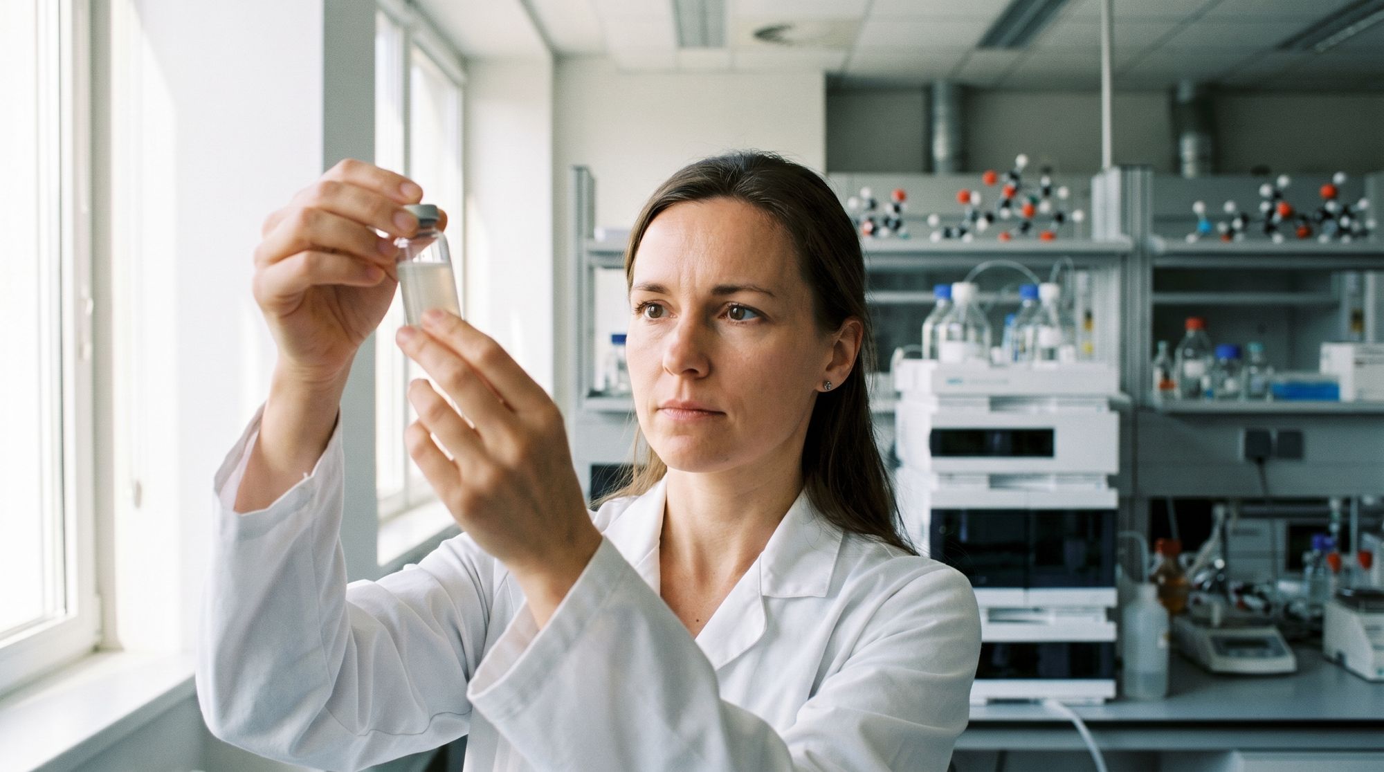 Scientist in a white lab coat holds a small vial up to examine its contents in a laboratory setting