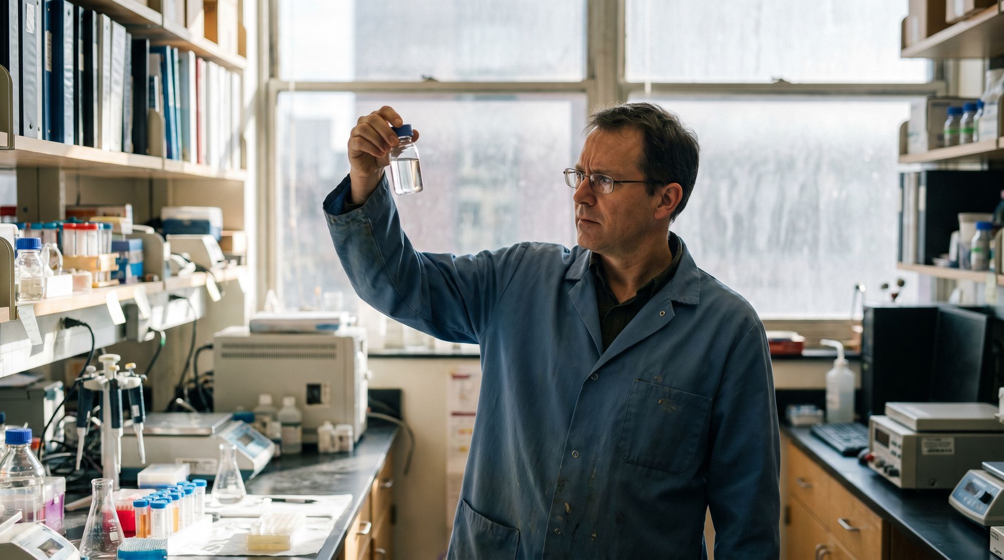 Scientist in a lab coat examining a small vial held up to the light in a busy laboratory