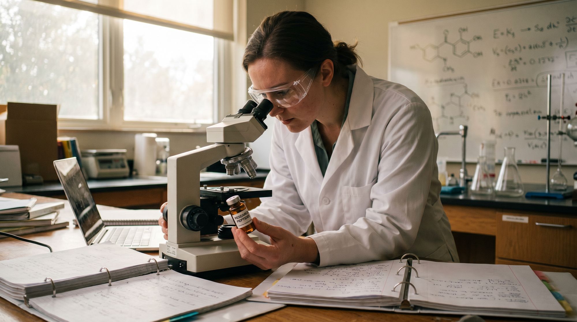 Scientist in safety goggles examines a slide under a microscope in a lab, with notebooks and a laptop nearby.