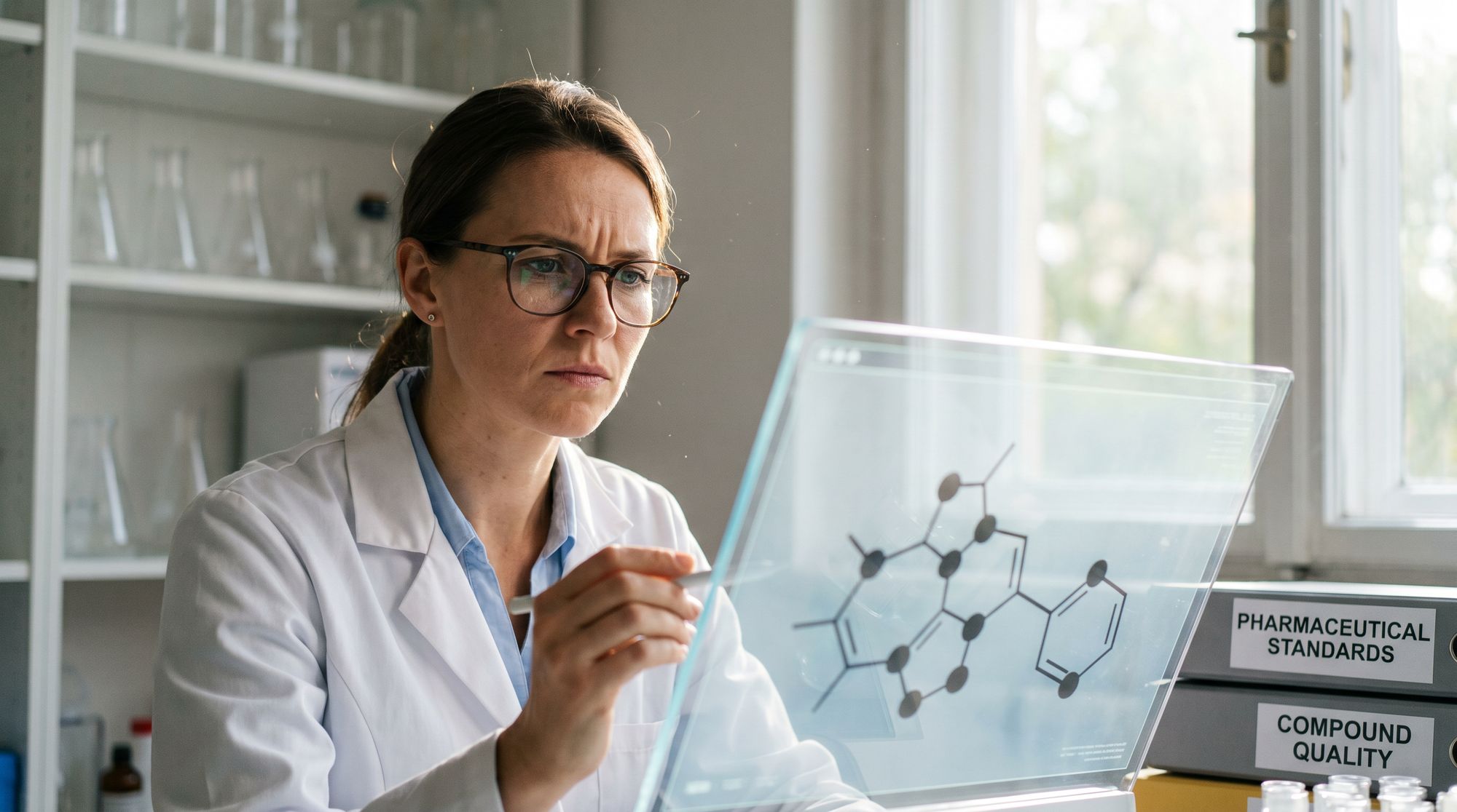 Female scientist in a white coat studies a glass screen displaying a molecular diagram in a bright laboratory.