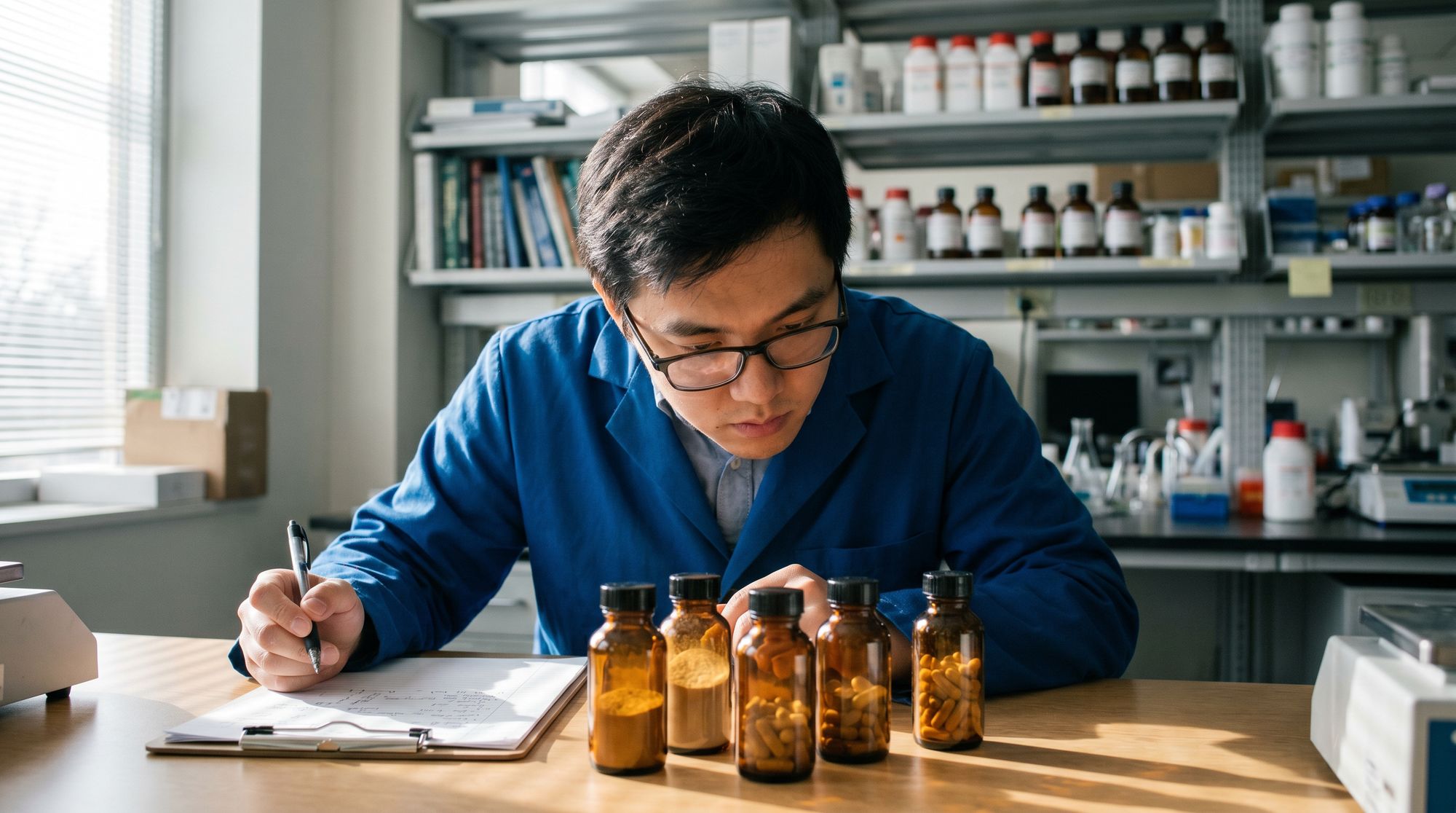 Scientist in a blue lab coat and glasses writes notes at a desk, amber bottles in the foreground and lab shelves behind him.