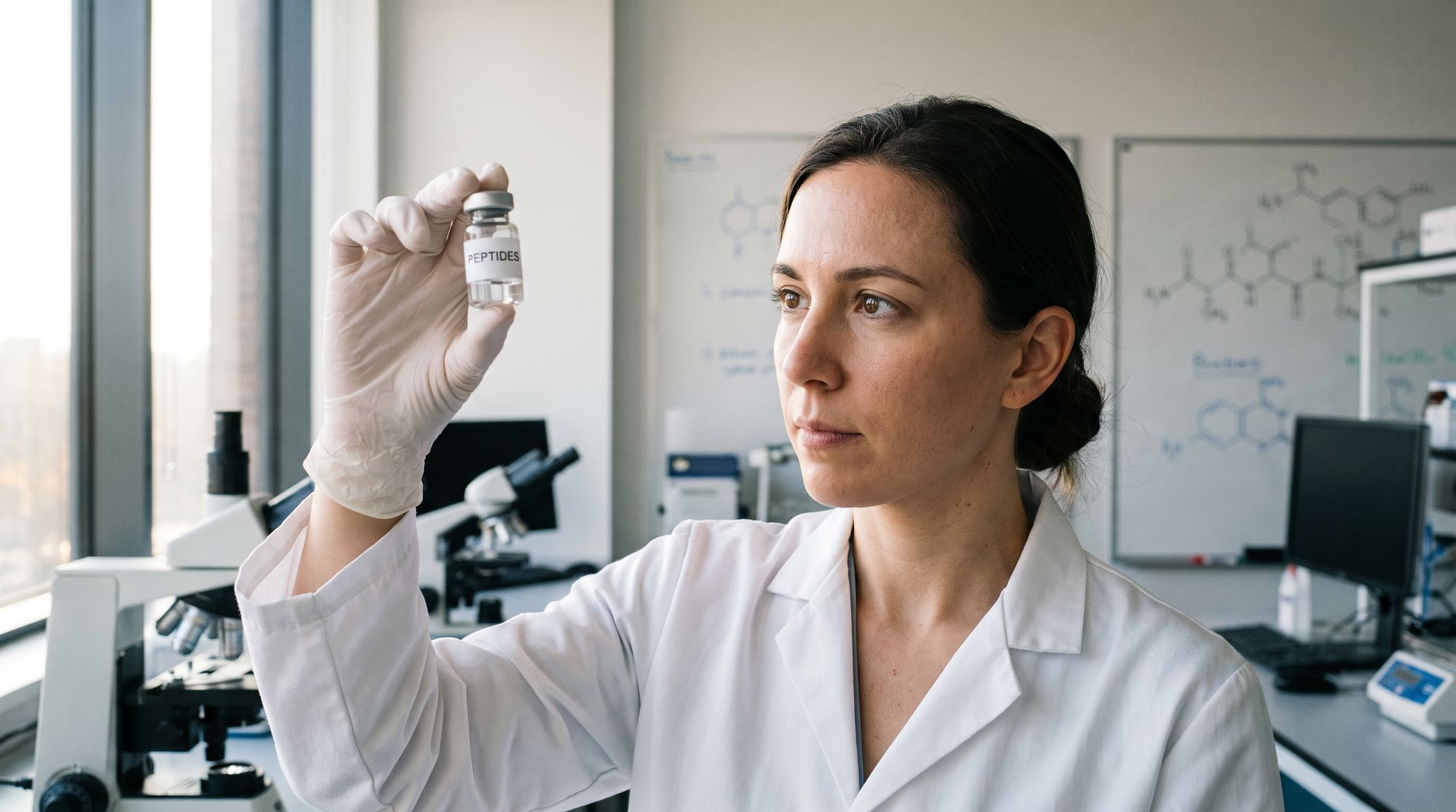 Scientist in a lab coat holds a small vial labeled 'PEPTIDES' up to the camera, with a microscope in the background.