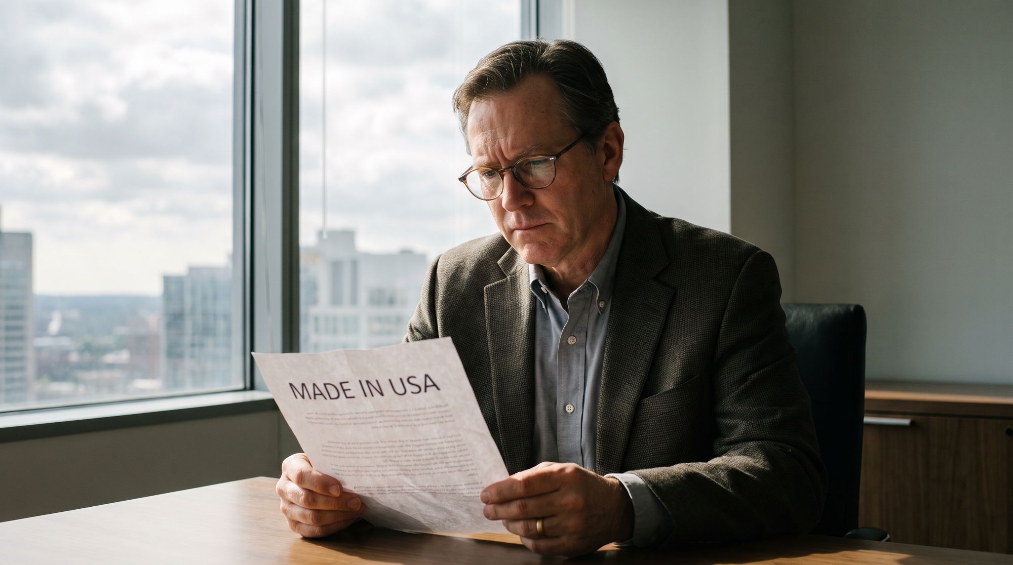 Man in a blazer and glasses sits at a desk by a window, reading a document labeled MADE IN USA.