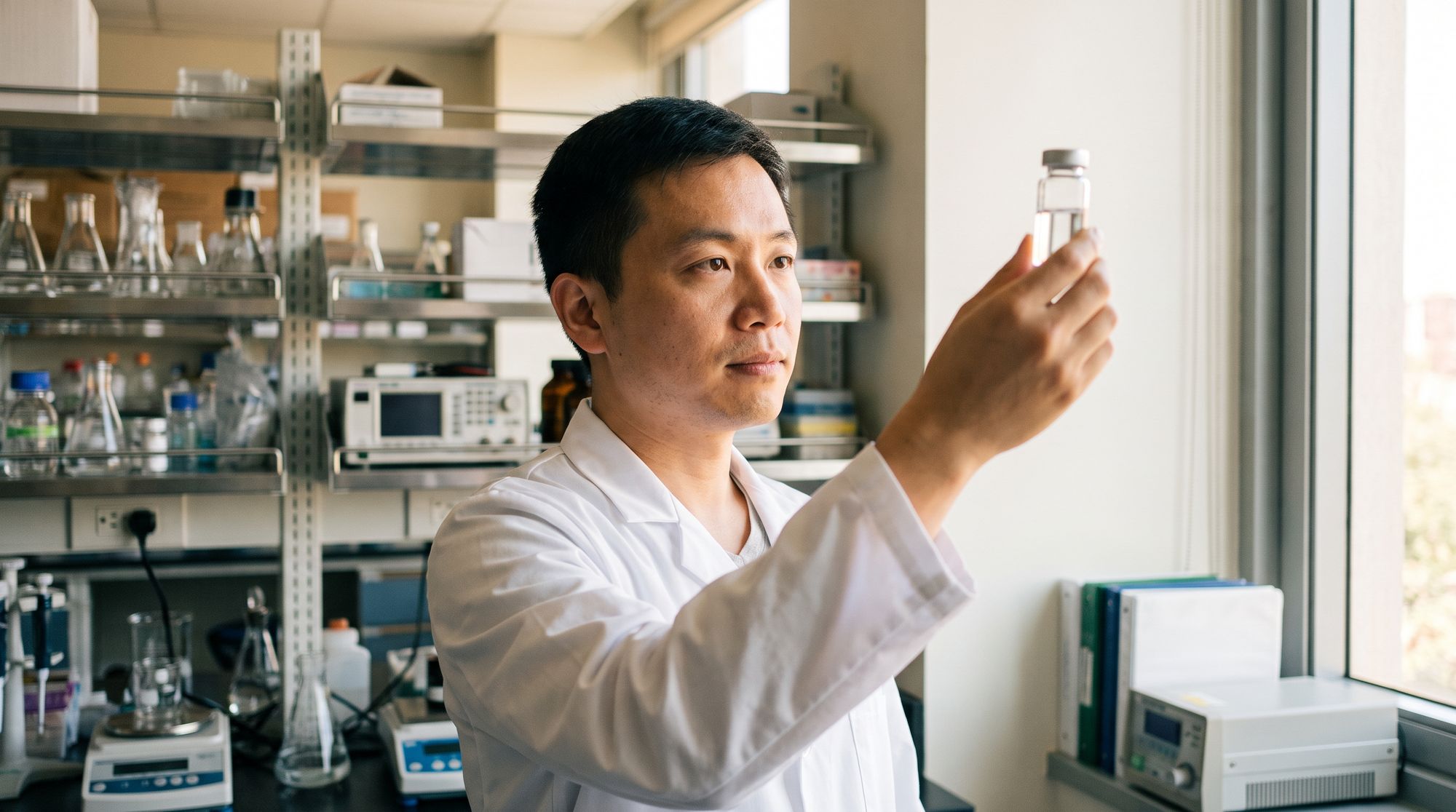 Scientist in a white lab coat holds up a small vial and examines it by a window in a laboratory setting.