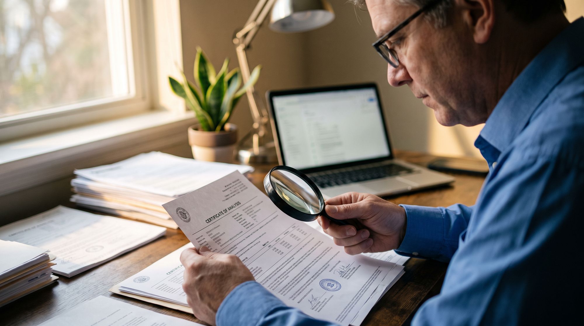 Man in a blue shirt uses a magnifying glass to inspect certificates on a desk, with a laptop in the background.