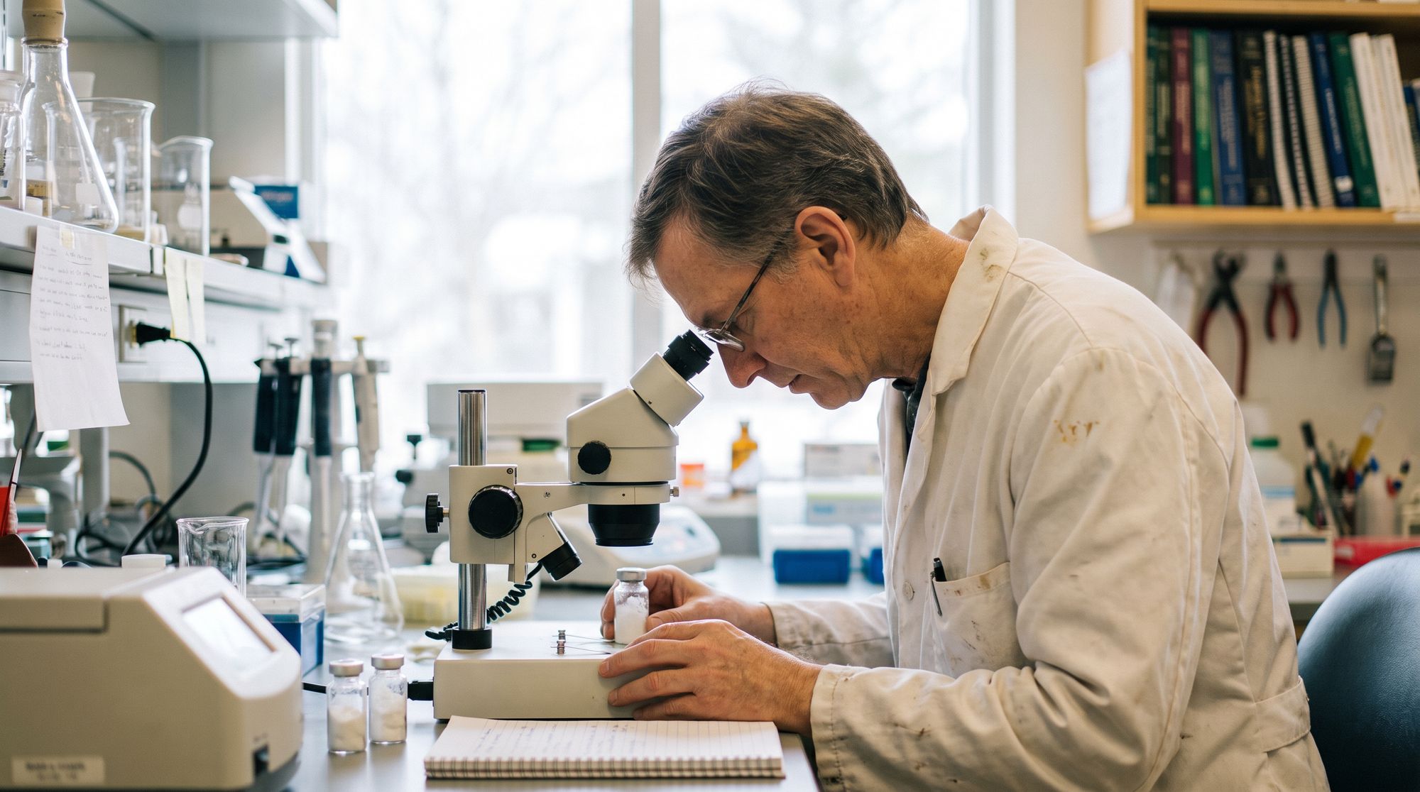 Scientist in a white lab coat looking into a microscope at a cluttered lab bench with glassware and notes nearby