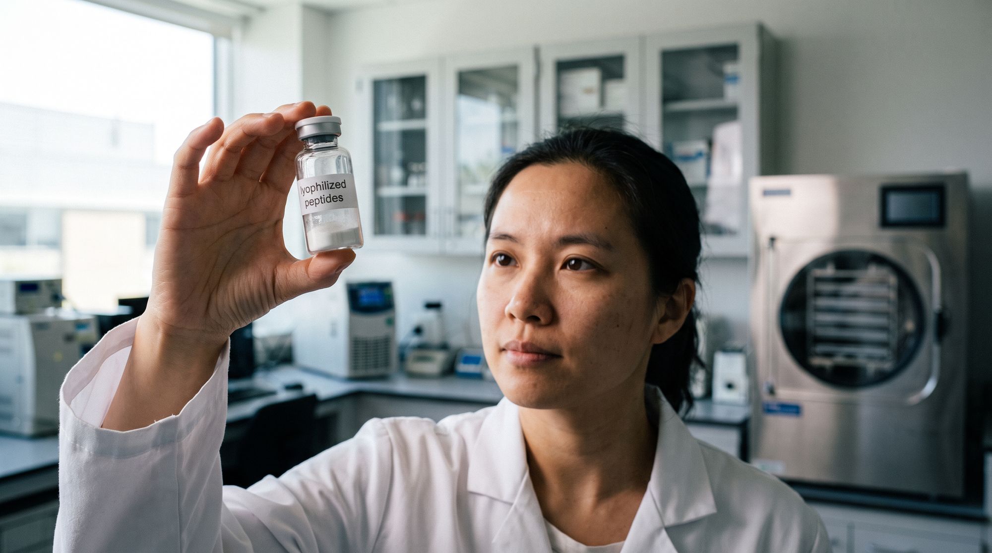 Female scientist in a lab coat holds up a small vial labeled 'Lyophilized peptides' in a modern laboratory filled with equipment in the background.