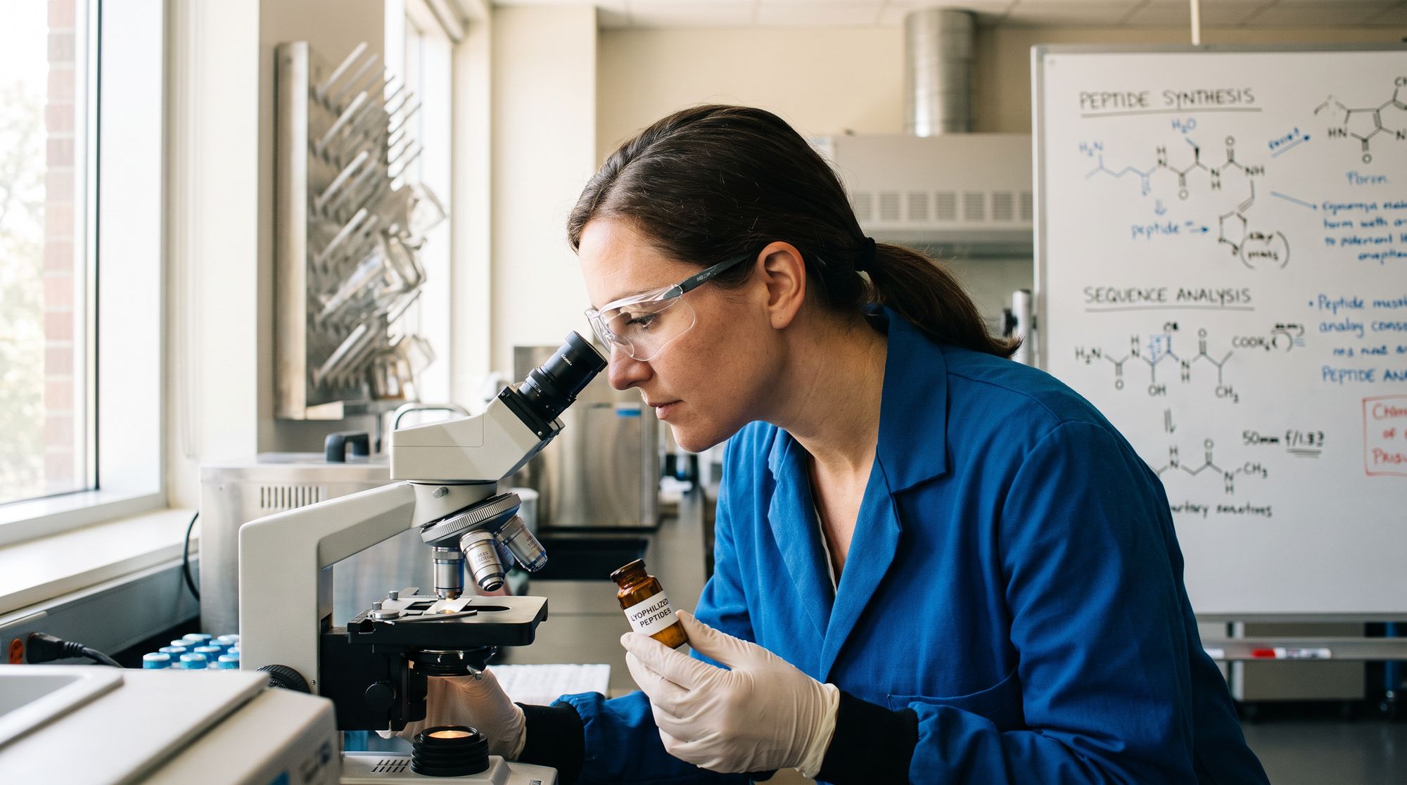 Female researcher in a blue lab coat uses a microscope, holding a vial labeled 'Lyophilized Peptides' in a lab with a peptide diagram on the whiteboard in the background.