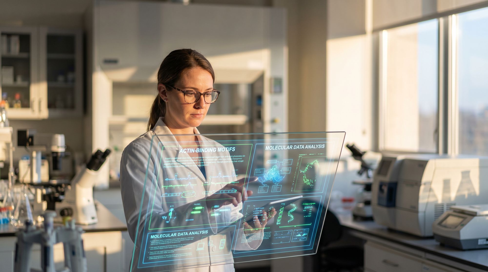 Scientist in a lab coat interacting with a transparent holographic data panel showing molecular diagrams and charts.