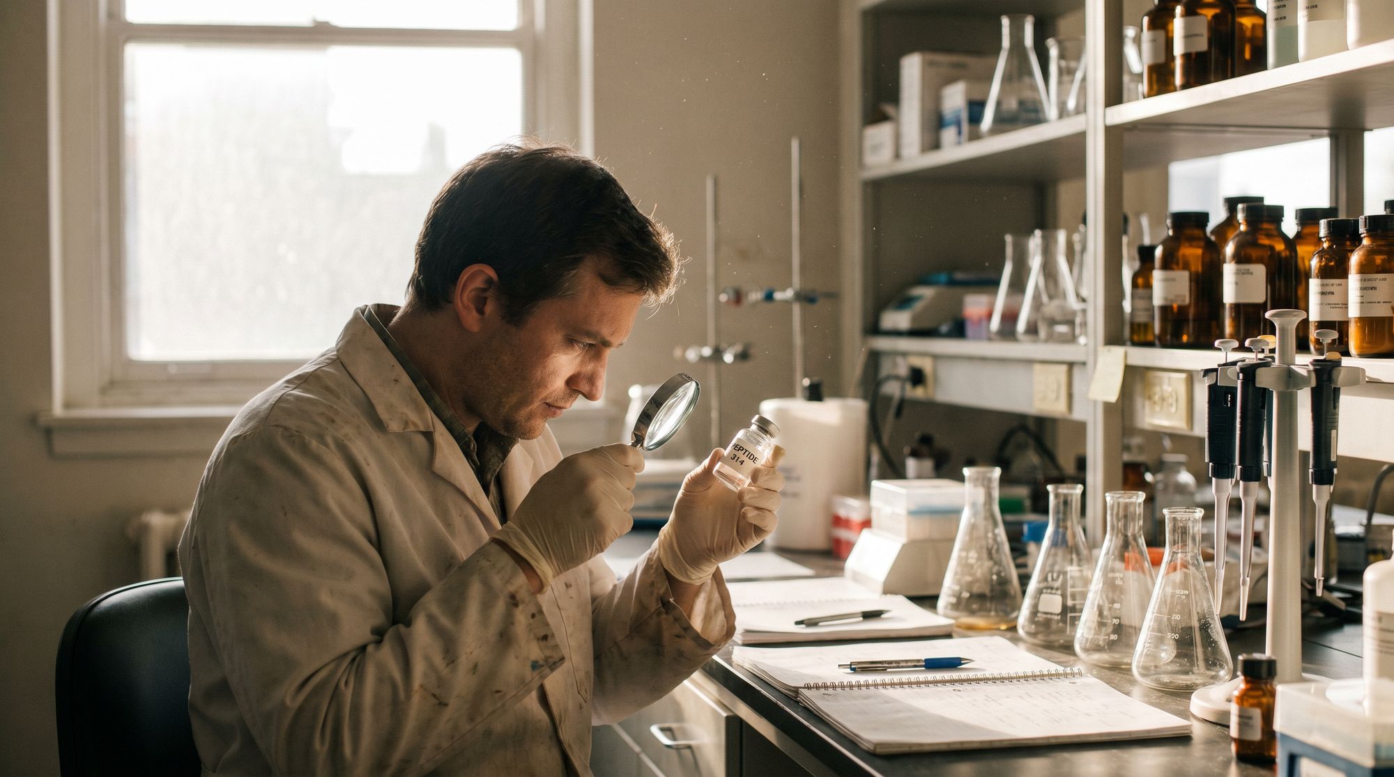 Lab scientist in a beige lab coat examines a small vial labeled 'PEPTIDE' with a magnifying glass at a busy lab bench.