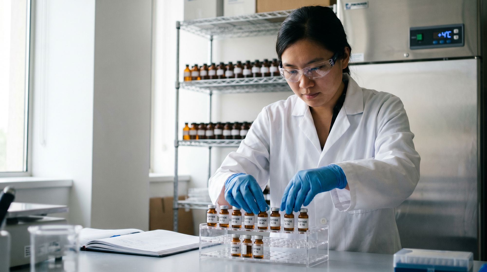 Laboratory technician in a white coat and safety goggles arranging small labeled vials on a clear rack, with shelves of bottles in the background.